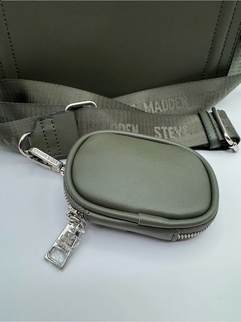 Steve Madden Olive Green Structured Crossbody Logo Strap and removable zip pouch